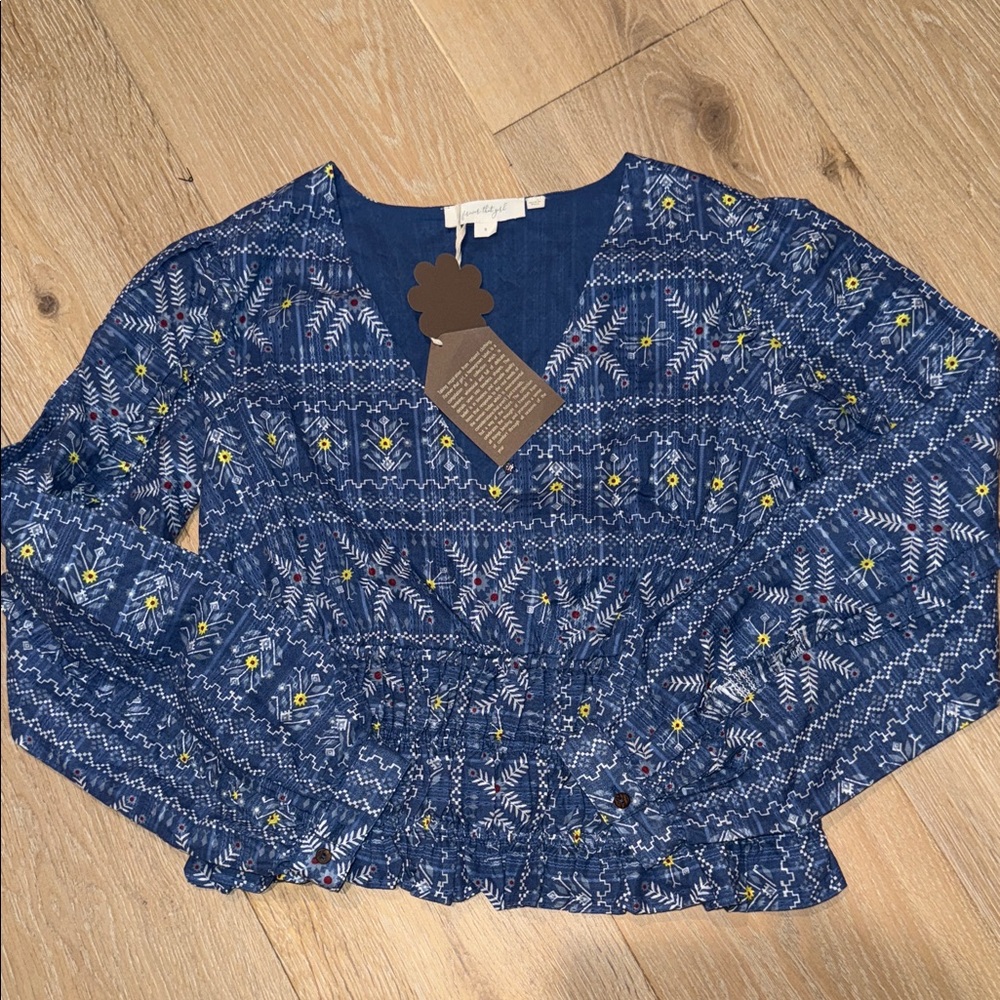 Forever That Girl Anthropologie Blue Patterned Blouse